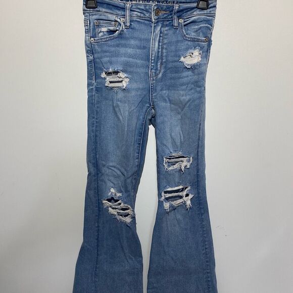 American Eagle Women's Blue Super High Rise Flare Distressed Denim Jeans Size 0 - Picture 1 of 11